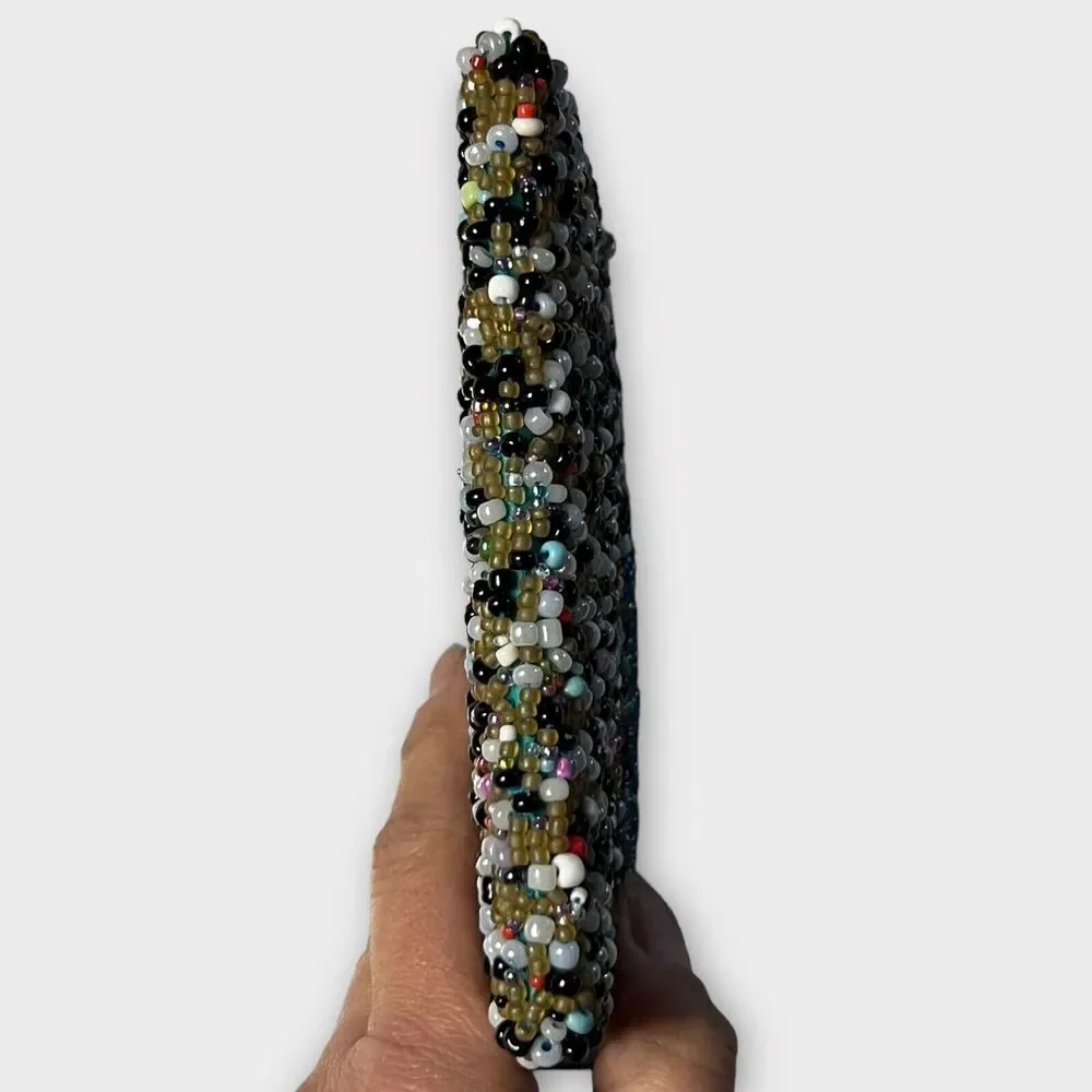 Beaded Blue, Gray, Pearl Zip Top Lined Clutch Purse, Change Purse